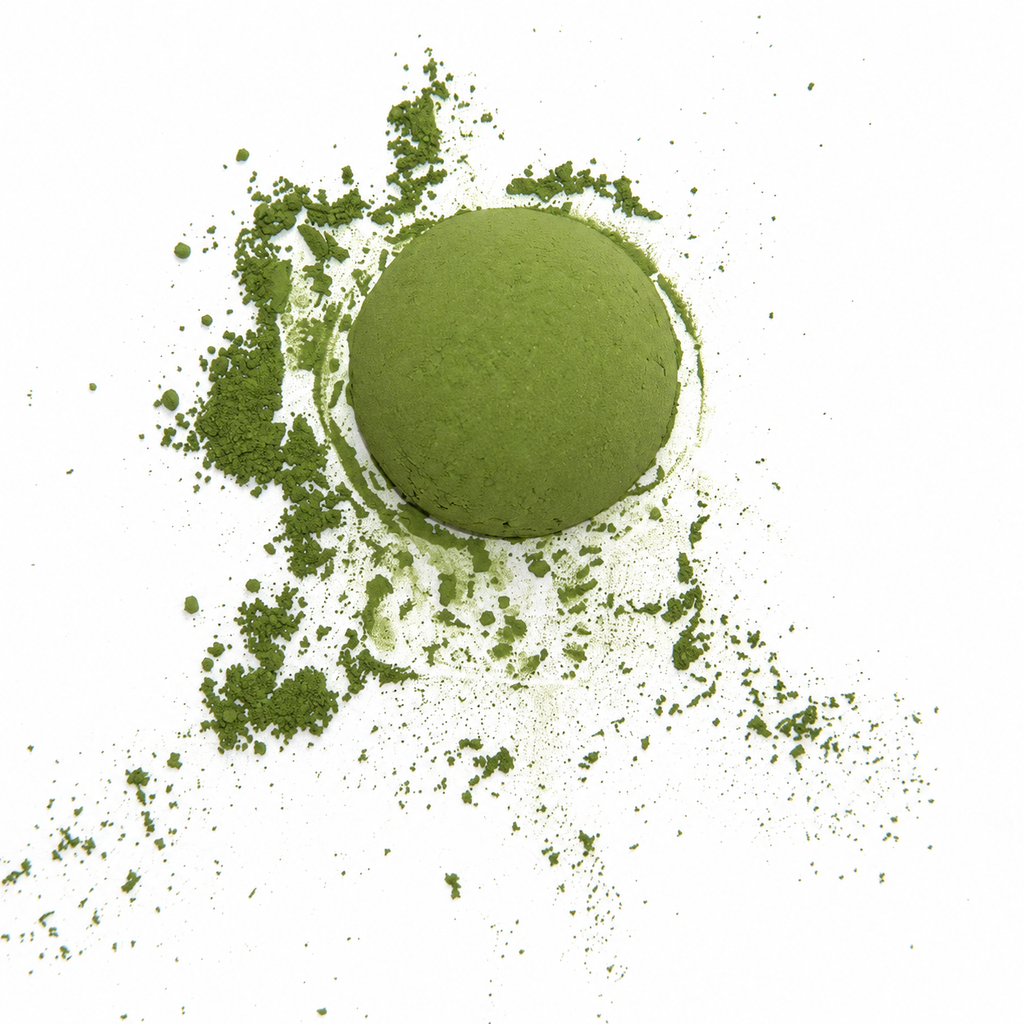 a ball of vibrant green matcha powder on a white background